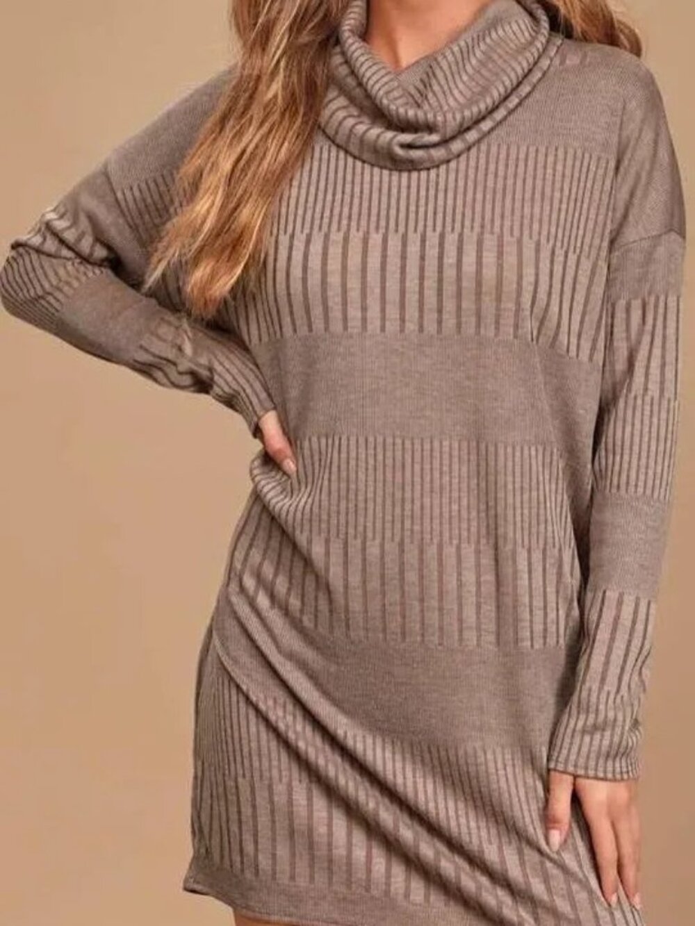 Lulu’s Brown Ribbed Long Sleeve Cowl Neck Sweater Dress